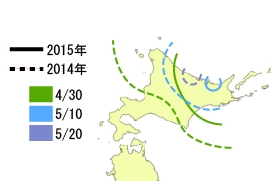 図２． 2014年と2015年の北海道のチュウシャクシギの渡来ライン．2015年は，オホーツク海側への到達が早かった． Photo by 三木敏史 